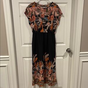 NWOT Floral Black and Orange elastic waist Women's Dress